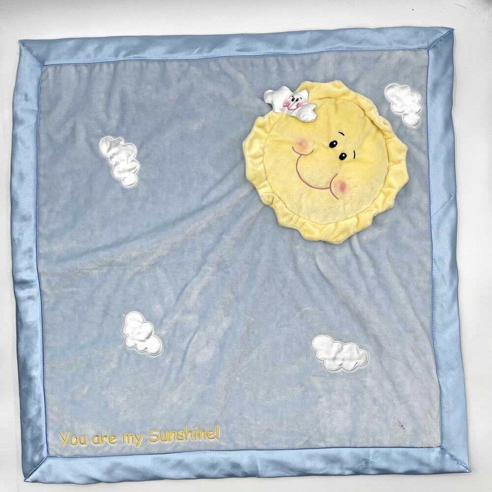 BABY GANZ You Are My Sunshine Blue Plush Security Blanket Lovey Sun Clouds Satin